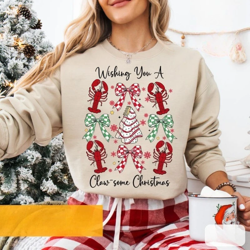Garra de langosta, suéter navideño feo para mujer, divertido cuello redondo, manga larga, moda informal, Tops térmicos con capucha para otoño e invierno