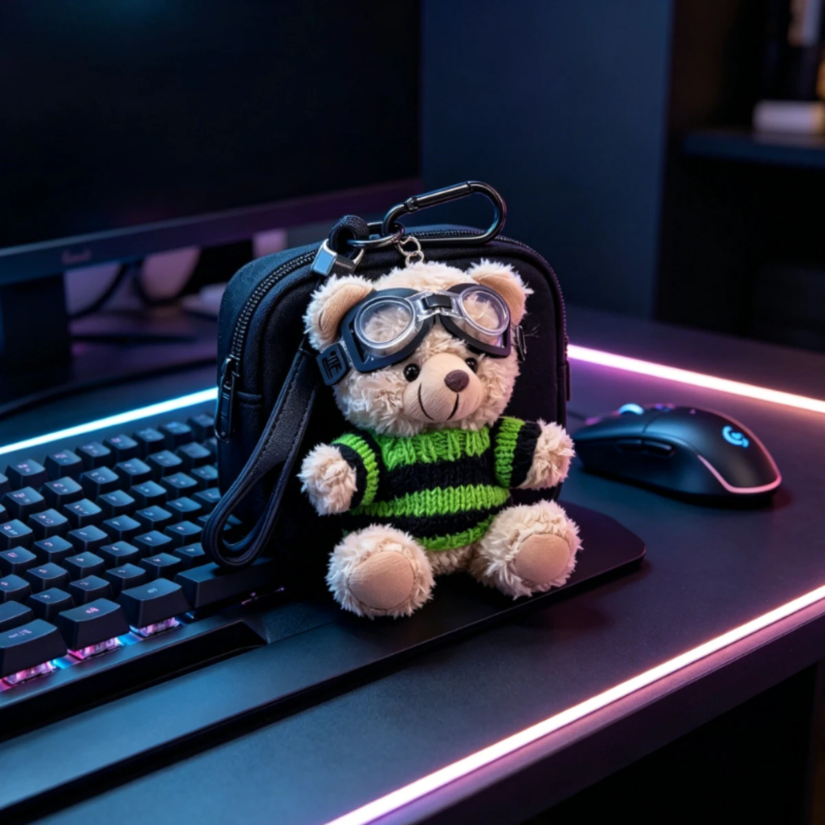 Cool Pilot Teddy Bear Keychain Curly Plush Bear With Goggles Knit Sweat Backpack Charm Fashion Couple Gift For Teen Girls Women