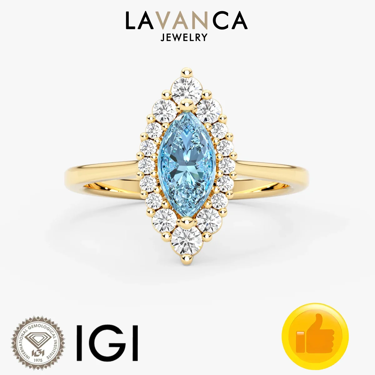 

Halo Style Lab Created Diamond and Topaz Ring Marquise Cut Blue Topaz and Round Lab Diamond Ring 9K/14K/18K Gold Engagement Ring