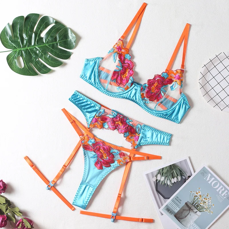 Luxury Embroidery Lingerie Three Piece Sets Sexy Mesh Patchwork See Through Bras And Panties Garter Erotic Intimate Outfits - Image 6