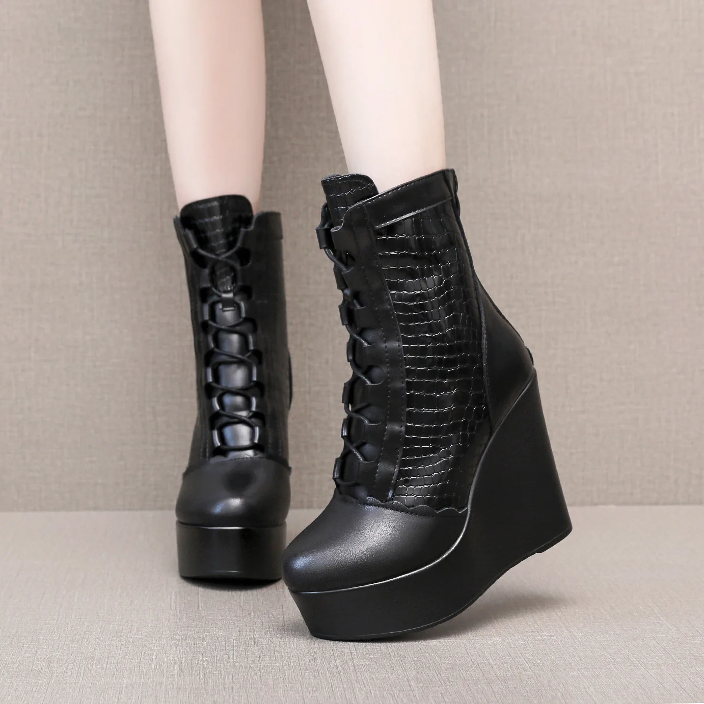 

10 см, 12 см, маленький размер 33–43, удобные осенне-зимние ботинки из натуральной кожи, женские ботильоны на высоком каблуке 2025 года, меховые ботильоны на танкетке, офисная мама