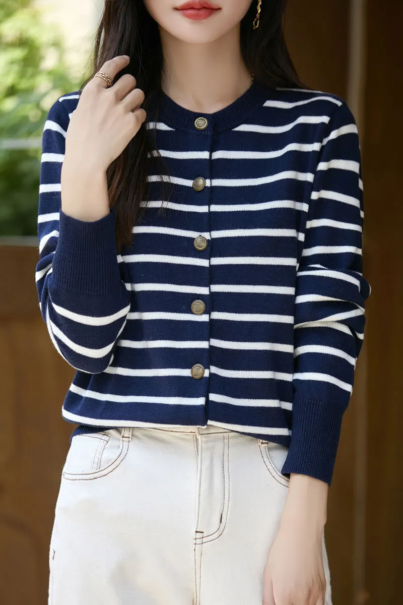 

Autumn new fashion striped spun knitted fine wool cardigan women's versatile loose temperament long sleeved top