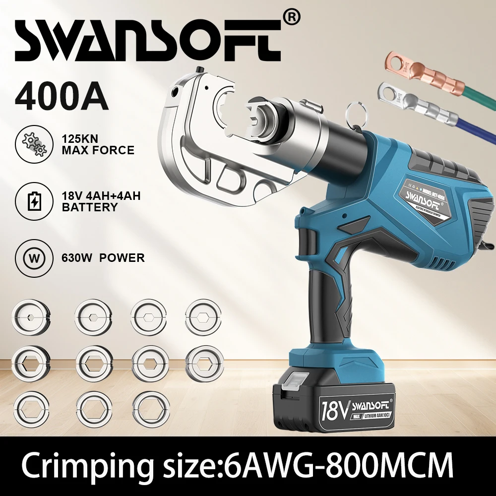 SWANSOFT HCT-400A Electric Hydraulic Crimping Tool, 12 Ton Rechargeable Cable Lug Crimper, 6AWG-800MCM Continuously Crimp Cu/Al Wire Terminal Crimper Kit with 12 Dies, Yellow