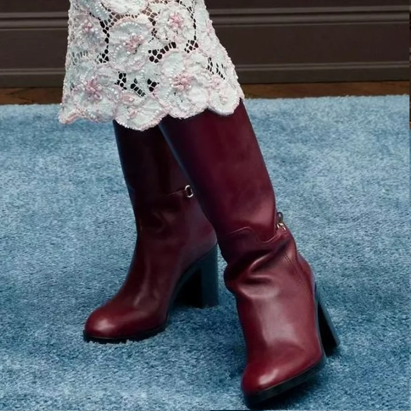 Bottes d'équitation à talons épais pour femme, vert Olive, hauteur des genoux, bordeaux, bout rond, talons hauts, longues, chaussures à la mode, hiver 2026