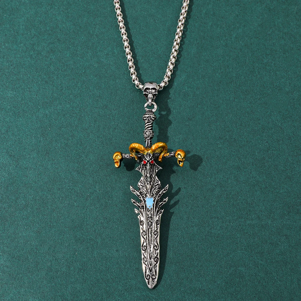 Vintage Skull Horn Sword Pendant Necklace Inlaid Rhinestone Medieval Gothic Box Chain Fantasy Cosplay Jewelry Gift for Men