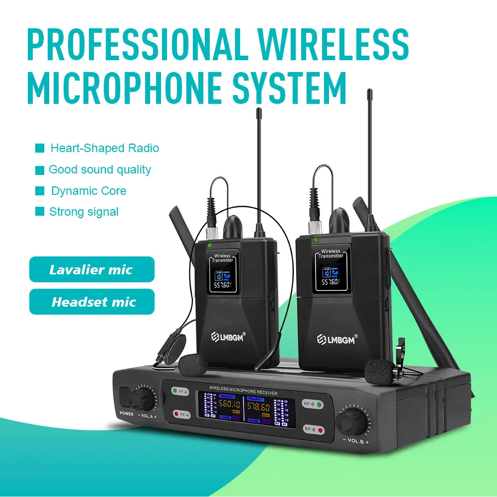 LMBGM R22 2Channel UHF Wireless Lavalier Microphone & Headset System, Professional Dual Frequency Wireless Receiver Set with 2 Bodypack Transmitters, Cardioid Condenser Lapel Mic for Stage Show, Church, Teaching, Speech, Public Speaking