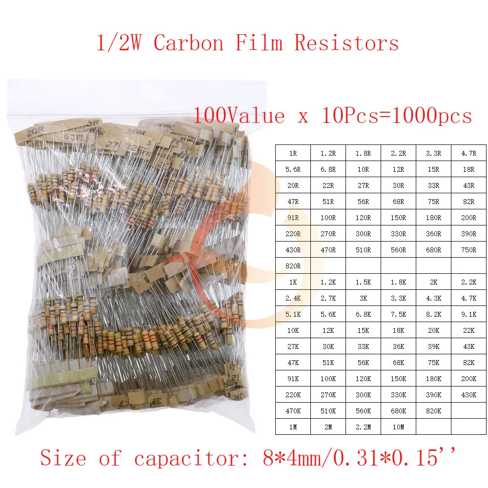 Kit surtido de resistencias de película de carbono 5%, paquete de componentes electrónicos, 1/8W, 1/4W, 1/2W, 1W, 2W, 3W, 5W