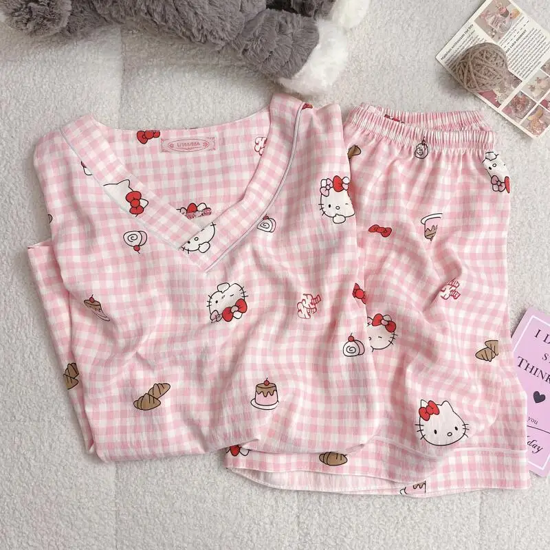 

Пижамный комплект Hello Kitty, летняя женская милая кошачья голова, сетчатый топ и шорты, домашняя одежда для отдыха, студенческие пижамы, подарок для девочек