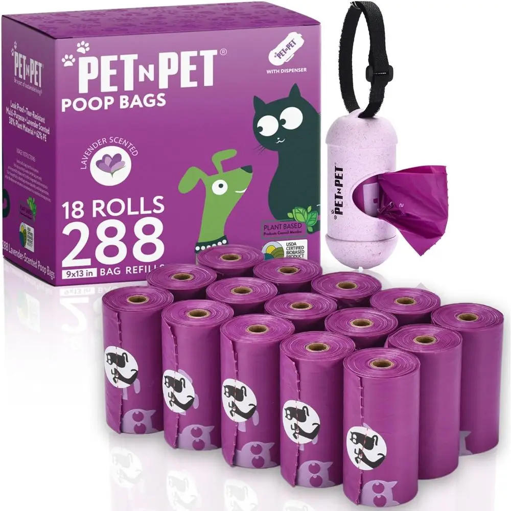 

288 Lavender-Scented Biodegradable Dog Waste Bags with Leash Holder, 38% Plant-Based Material