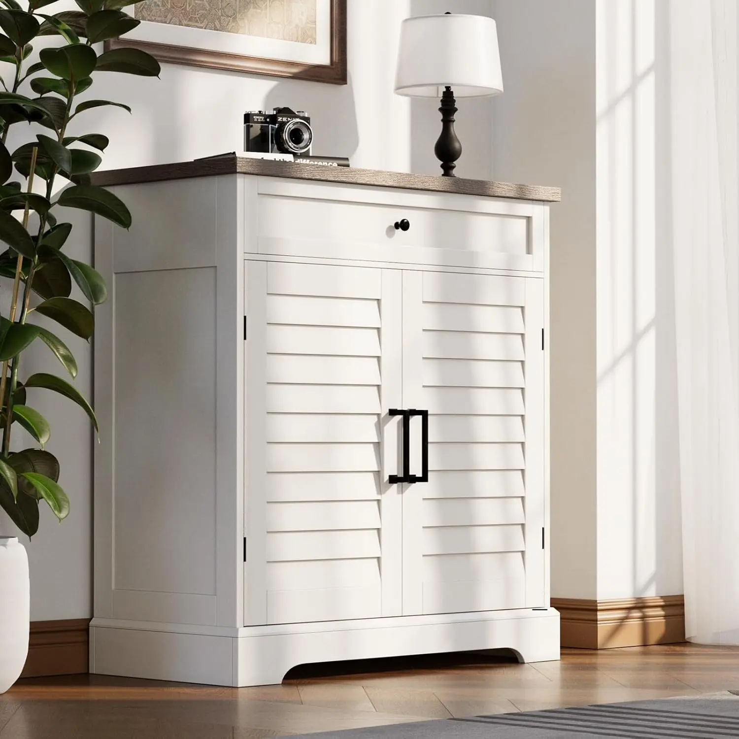 

Farmhouse Shoe Cabinet with Doors, 4-Tier Shoe Storage Cabinet with Drawer and Shelves, Wooden Shoe Rack Organizer