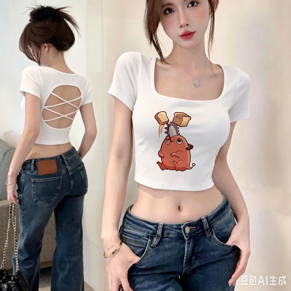 Chainsaw Man cropped top girl party 2000s vintage japanese summer top tees meme streetwear 2000s graphic y2k