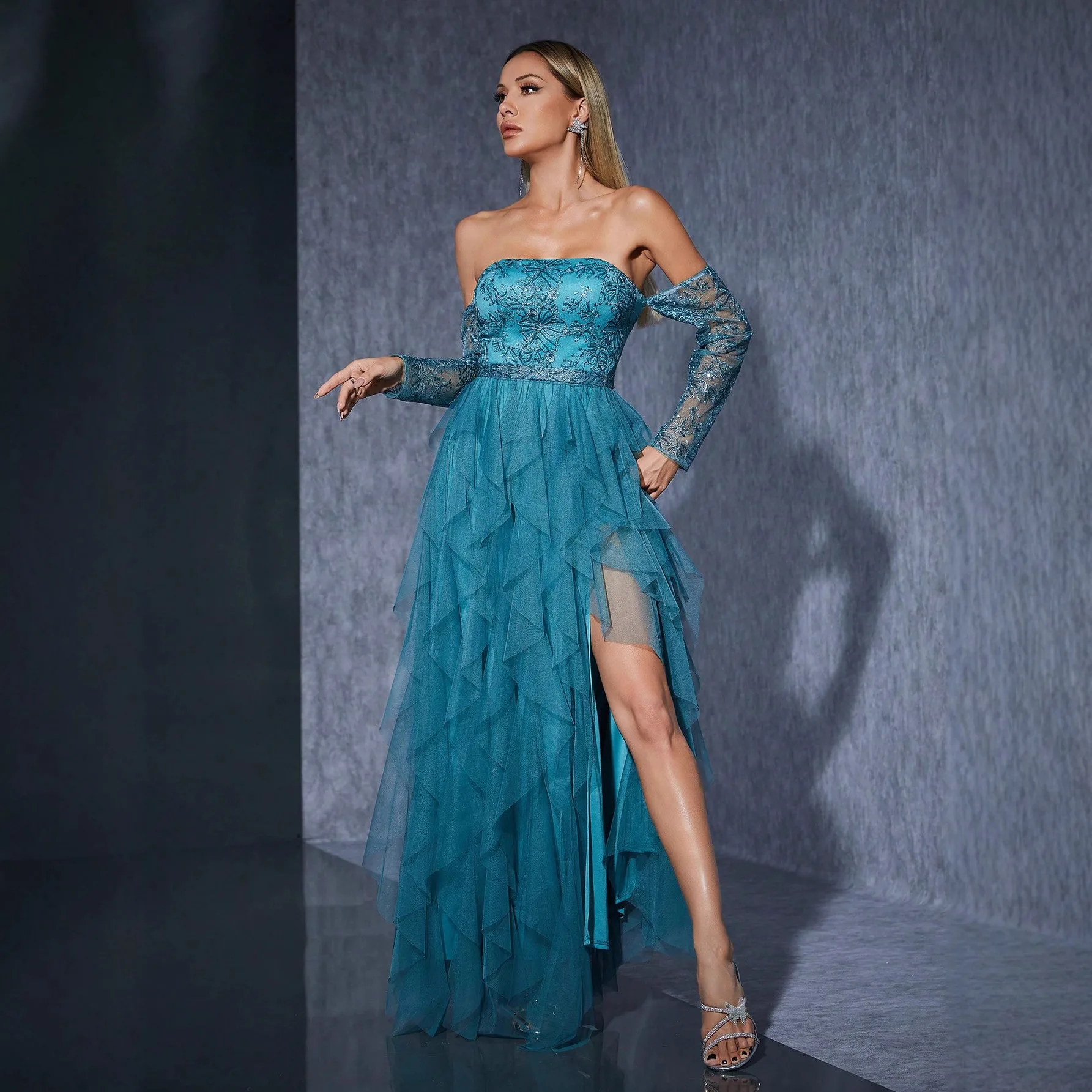 

Tiered Tulle Prom Party Dress Off Shoulder Sweetheart A-Line vestidos de gala Luxury Evening Gowns Sequined Customized