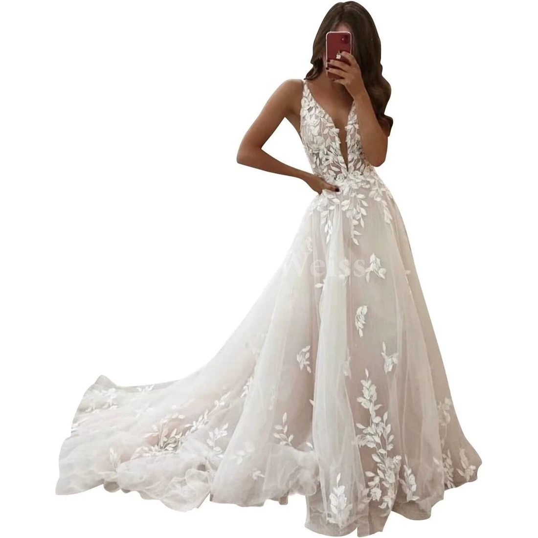 V-Neck Lace Wedding Dresses for Women with Train Tulle A-Line Bridal Dress Customized