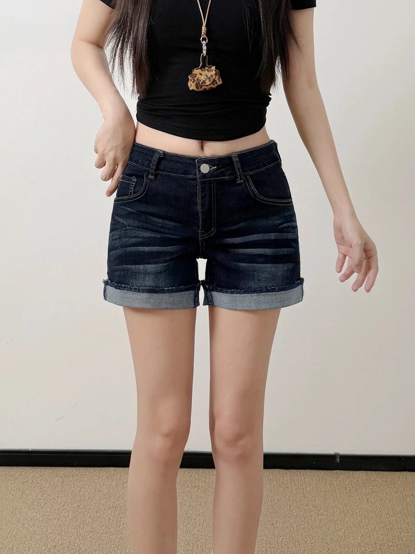 Deep Blue High Waist Stretchy Summer Thin Denim Shorts Women's A-Line Hot Pants Casual Wear Cotton Jeans High Elasticity
