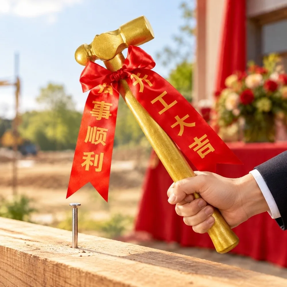 Photo Effect Golden Golden Hammer Round Tip Red Ceremonial Hammer Matching Ribbon Elegant Appearance Red Ribbon Store Open