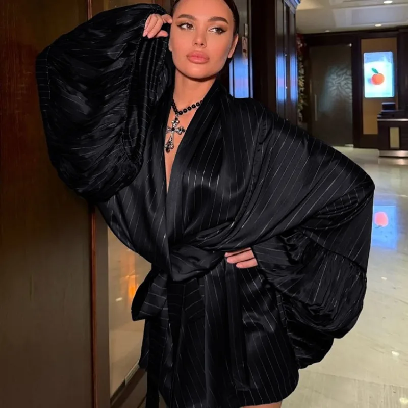 Elegant Women Stripe Satin A-line Dress Y2K Loose Long Lantern Sleeve V Neck Lace Up Luxury Celebrity Cocktail Mini Dress