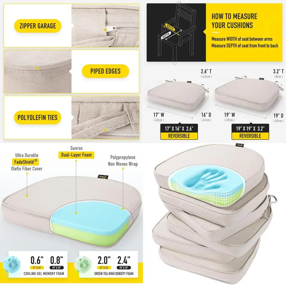 

Двусторонние подушки из пены с эффектом памяти, FadeShield, устойчивые к пятнам, завязанные подушечки для сидений, кремовые, 17x16 наборов из 6 штук для внутреннего и наружного использования