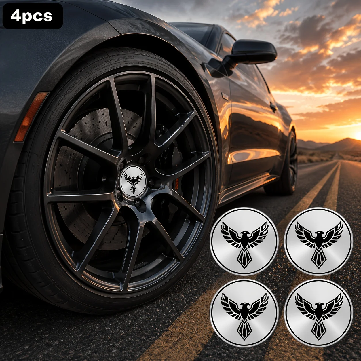 4Pcs Silver Brushed Metal Eagle Emblem Wheel Center Cap Stickers, Black Spread Eagle Pattern Vinyl Wheel Center Badge Decals