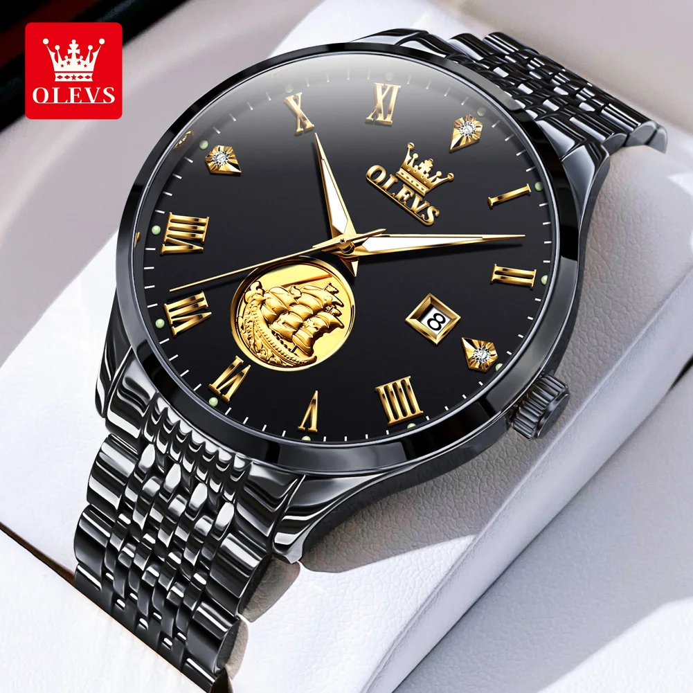 OLEVS 6696 Automatic Watch for Men Luxury Brand Real Gold Sailboat Stainless Steel Waterproof Date Men\'s Mechanical WristWatch