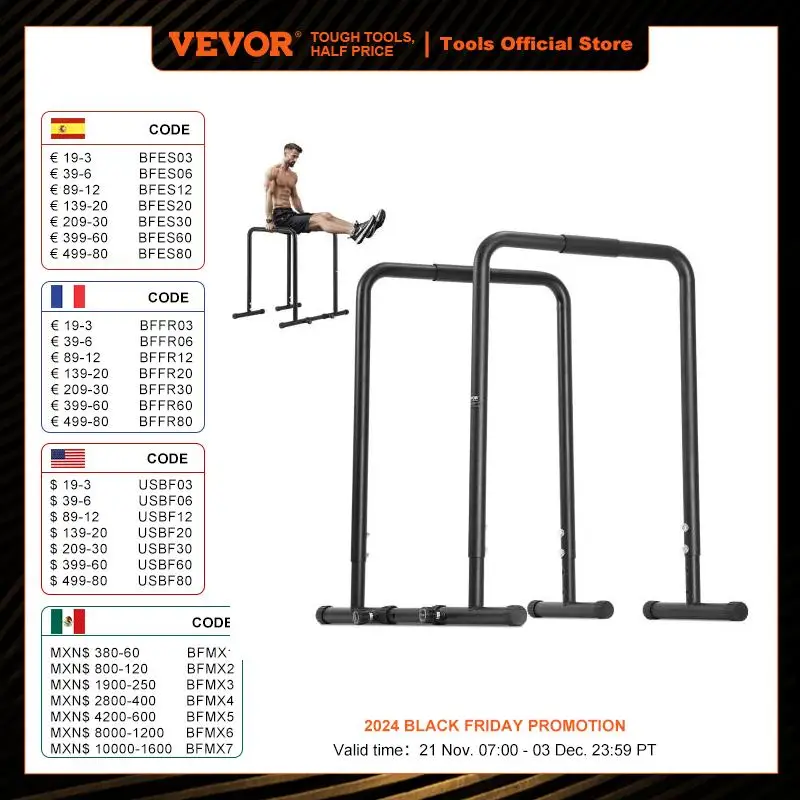 VEVOR Dip Bar 440 lbs Capacity Heave Duty Dip Stand Station with Adjustable Height Parallel Bars for Strength Training Home Gym