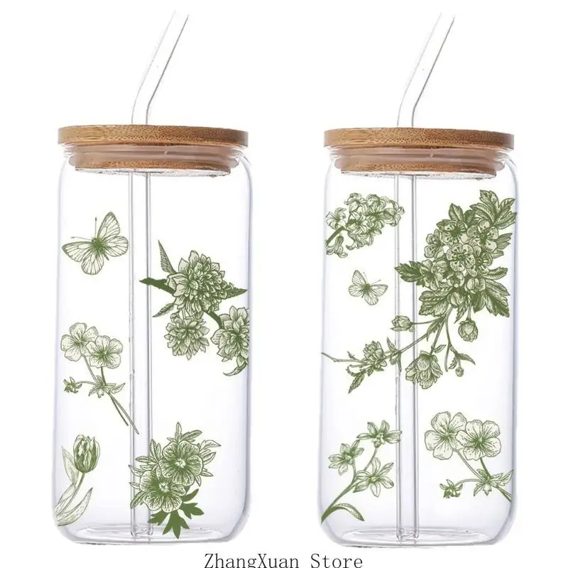 Green Flower DTF Adhesive Decal For DIY Clear Glasswares Cup Wraps Sticker 3XUF