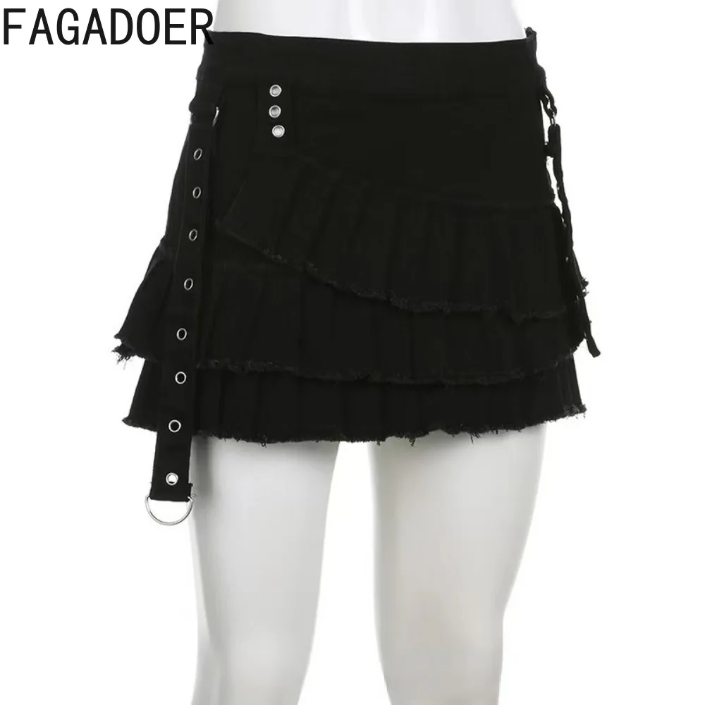 FAGADOER-minifaldas plisadas de estilo gótico Punk para mujer, falda ajustada fruncida de cintura baja, parte inferior de vendaje Sexy, color negro, Y2K