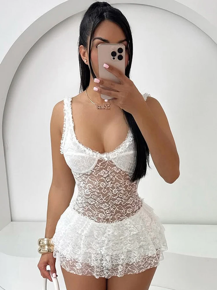 Lace Embroidery Women Mini Dress Sexy See Through U-neck Spaghetti Strap Frock Ruffle Stacke French Mujer Popular Clubwear