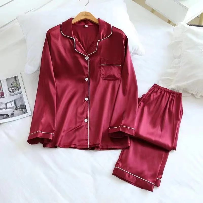 

Ice Silk Pajamas Ladie Long-sleeved Thin Korean Version of The Casual Large Size Homewear Two-piece Set Spring Summer Homewear