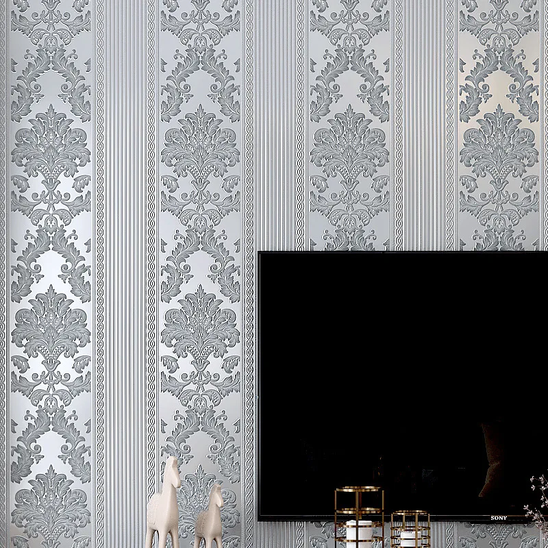 European Style Non-woven Wallpaper 3D Vertical Stripe Luxury Damask Striped Wallpaper TV Background Wall Simple Home Decoration