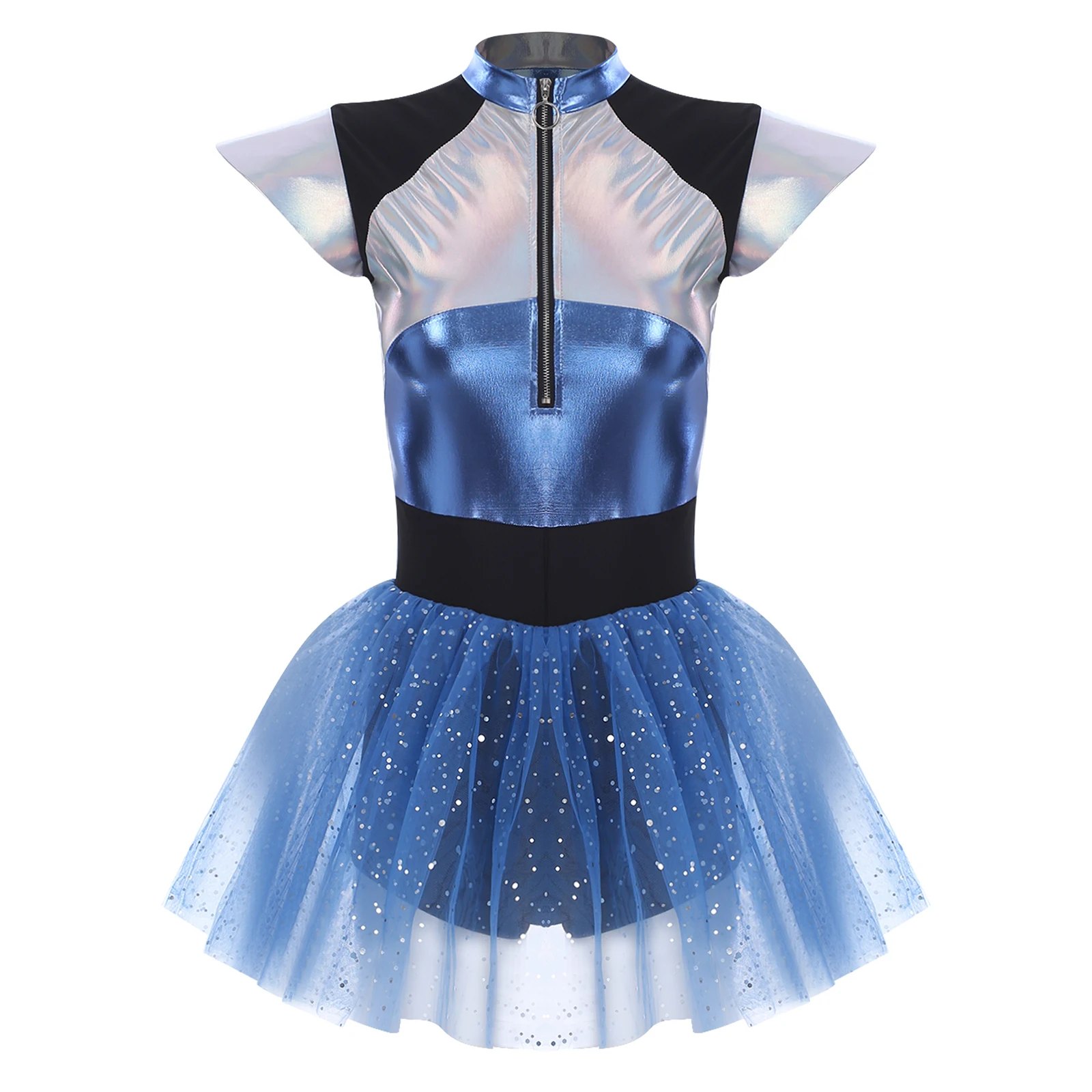 Damen Mädchen Alien Kostüm Cheerleading Tanz kleid Halloween Cosplay Festival Kurzarm glänzende Pailletten Tutu Trikot Kleider