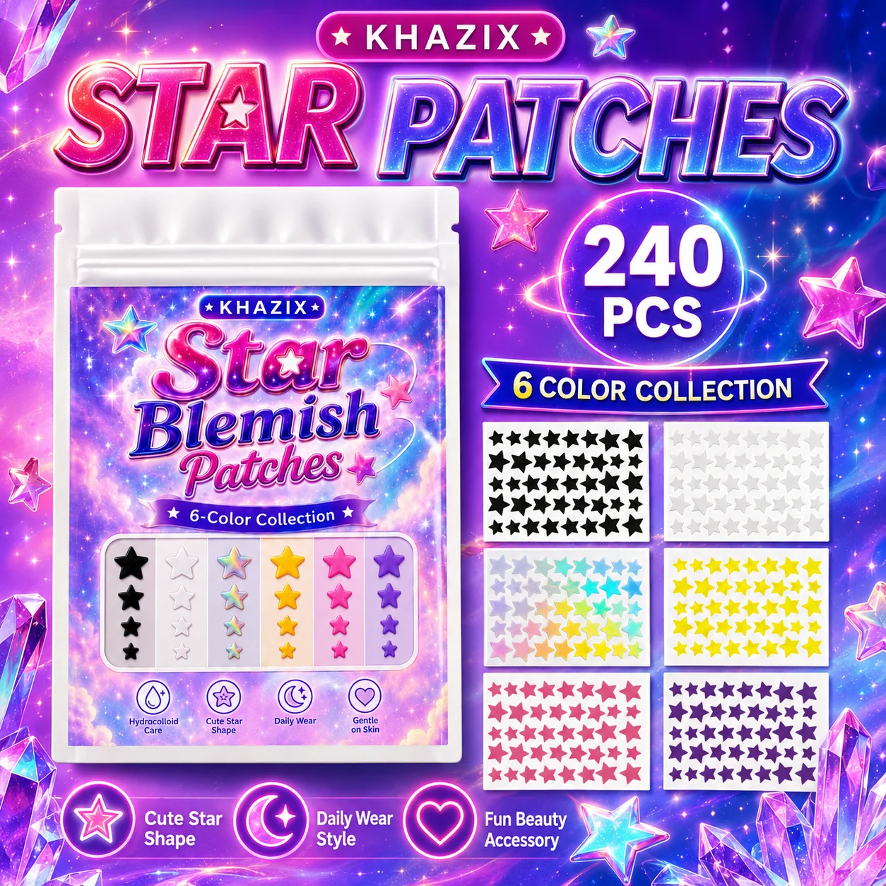 240PCS  Star Pimple Patches For Face Hydrocolloid, Absorbing Cover, Tea Tree, Hydrocolloid Acne Patch, Cute Star Pimple