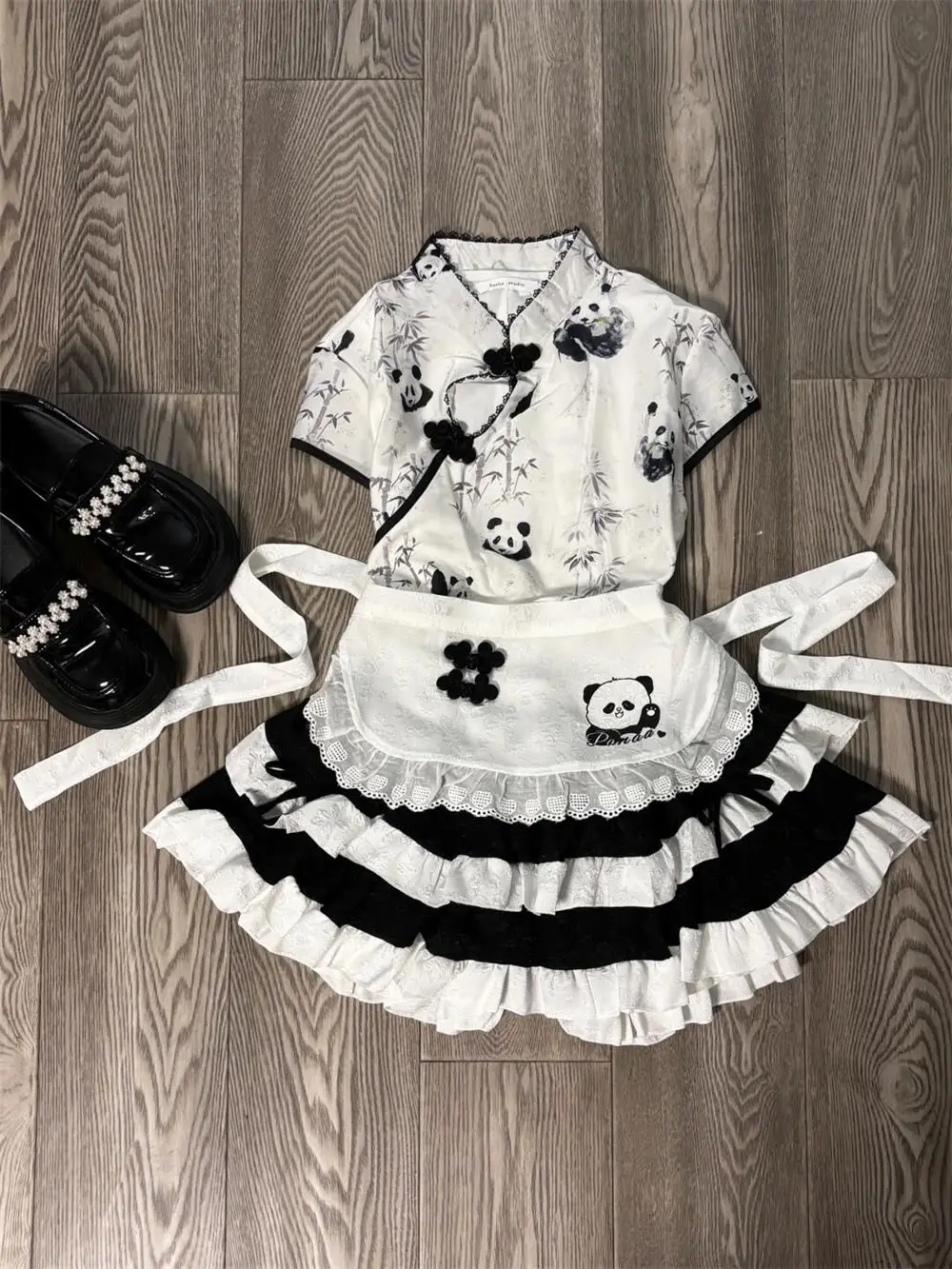 2025 Spring Cute Sweet Panda Print Design Tops + High Waist Slimming Fluffy Cake Skirt Maid Apron 3 Piece Set Women Chic Outfits