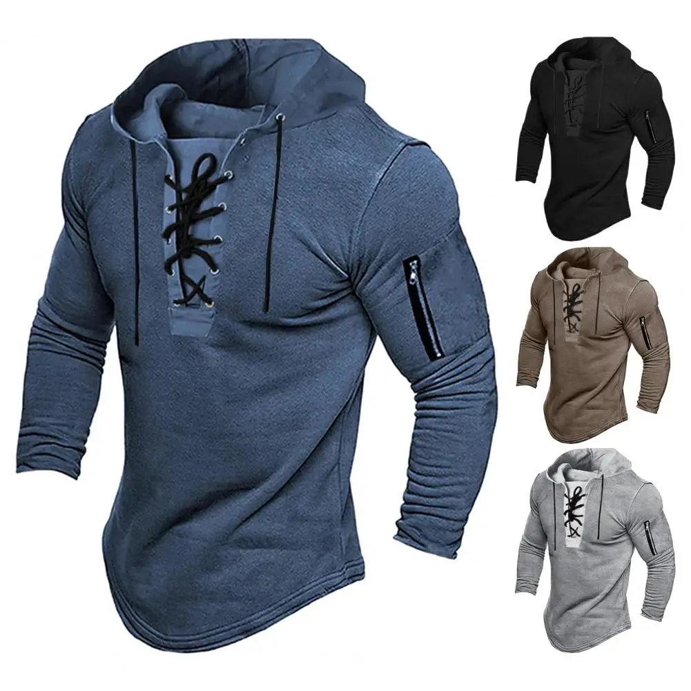 

Men Solid Color Hoodie Vintage Lace-up Hoodie for Men Stylish Zipper Decor Slim Fit Pullover Top for Spring Fall Wear Style Men