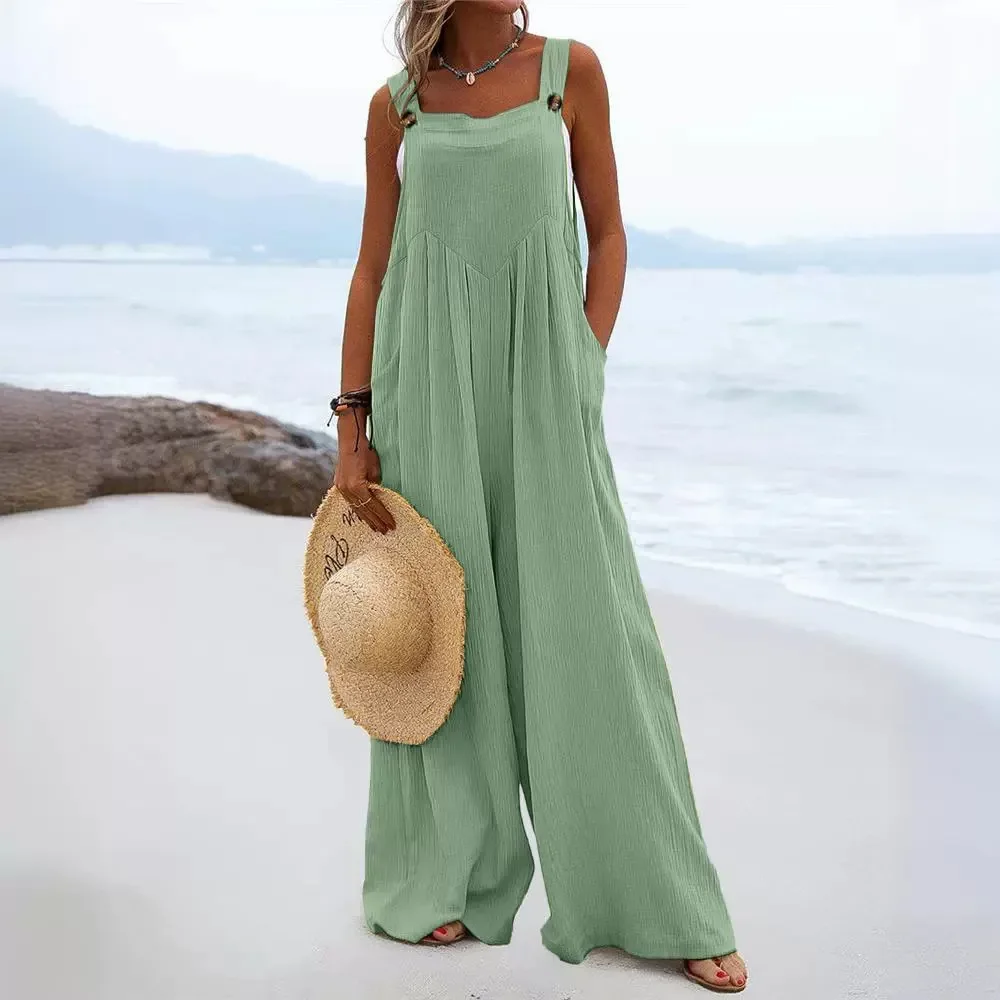 Women's Strap Loose Wide Leg Pants Jumpsuit Playsuit Solid Color Summer Fashion Long Full Length Pants Overall