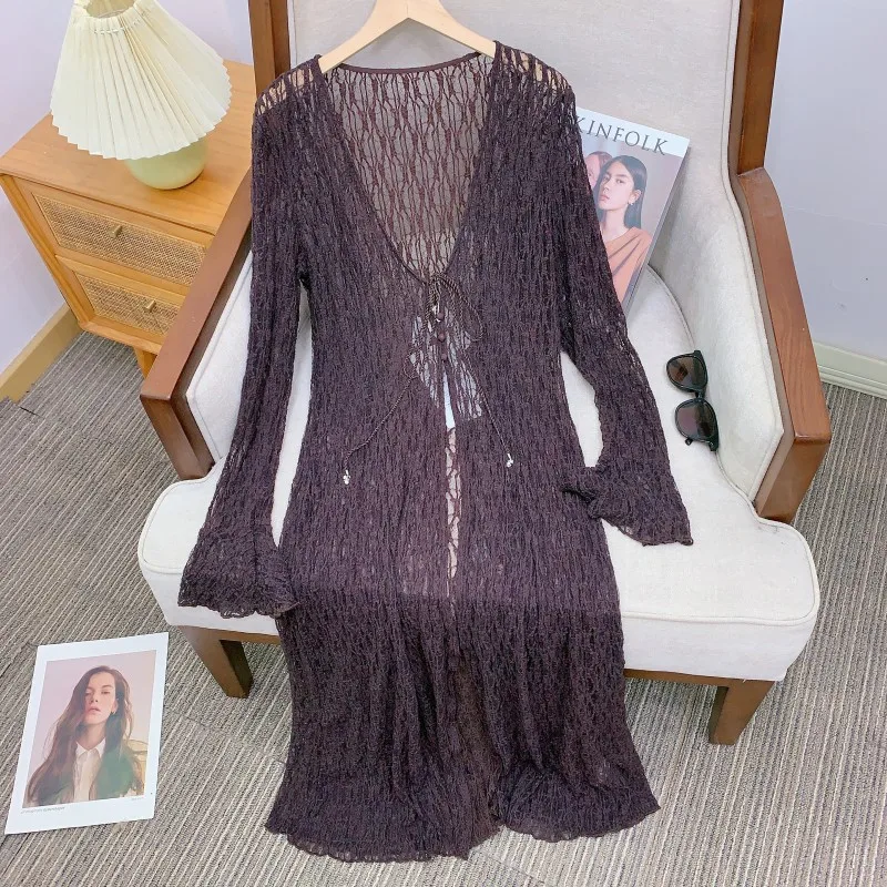 

Spring New Chinese Sle Knitted Lace Open Cardigan Women's Loose Fit Long Sve V-Ne Mid-Length Pure Color 2025 Faion
