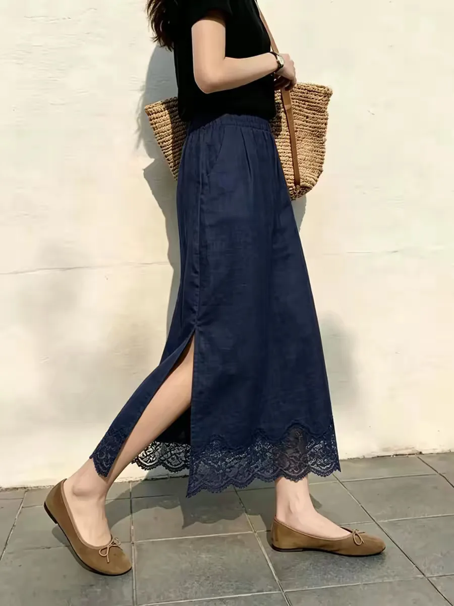 Harajuku Navy Blue Linen Blend Midi Skirt Elastic Waist A-line Skirts Lace Hem Side Slit Casual Summer Commuted Skirt For Women