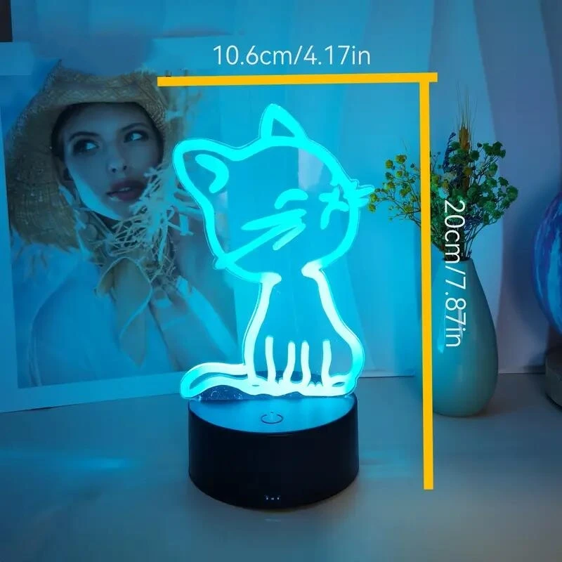 1pc  Cat  3D Night Light, 3D Optical Illusion Lamp With Touch, 7-Color Changing Ambient Light For Bedroom