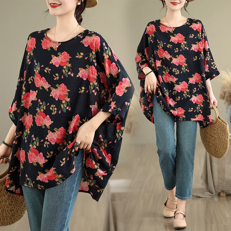 

Свободная летняя новая футболка больших размеров для похудения Batwing Sve round Ne с принтом, хлопково-льняная футболка, повседневный большой женский топ