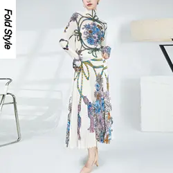 2024 New Autumn Elegant Beige Print Pleated Print Long Split Half Skirt Set Slender and Stylish Retro Women's Wear