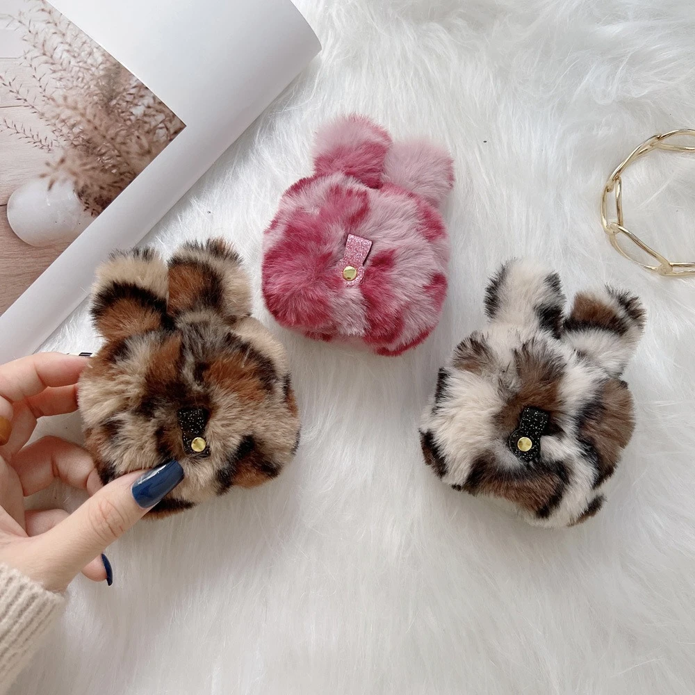 Cute Plush Leopard Print Bunny Rabbit  Earphone Case for AirPods 4 3 Pro 2 1, All-inclusive Shockproof Protective Cover