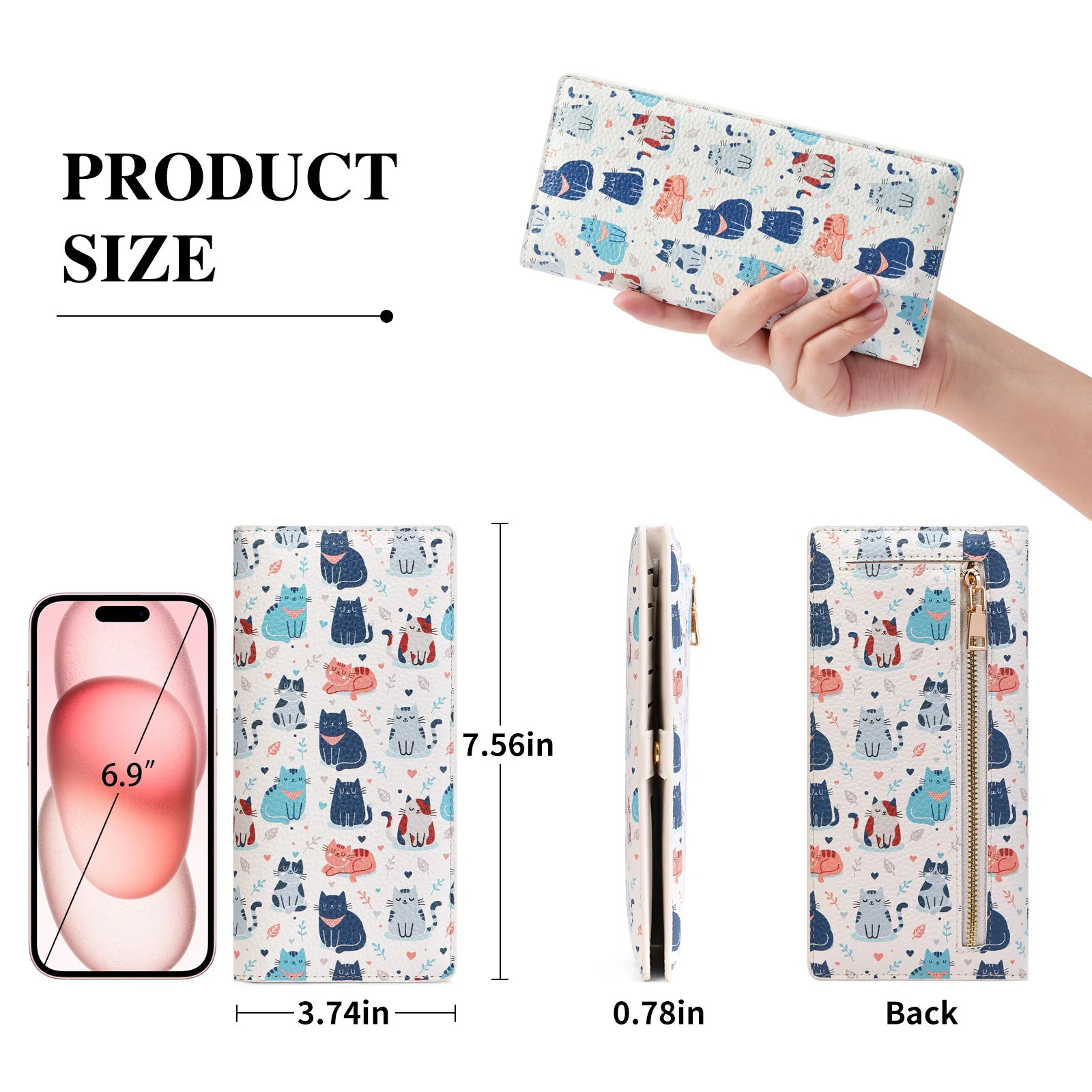 Ladies Cute Cat Print PU Leather Long Wallet RFID Blocking Bifold Multi‑Card Slots Large Capacity Women Cartoon Animal Clutch Purse