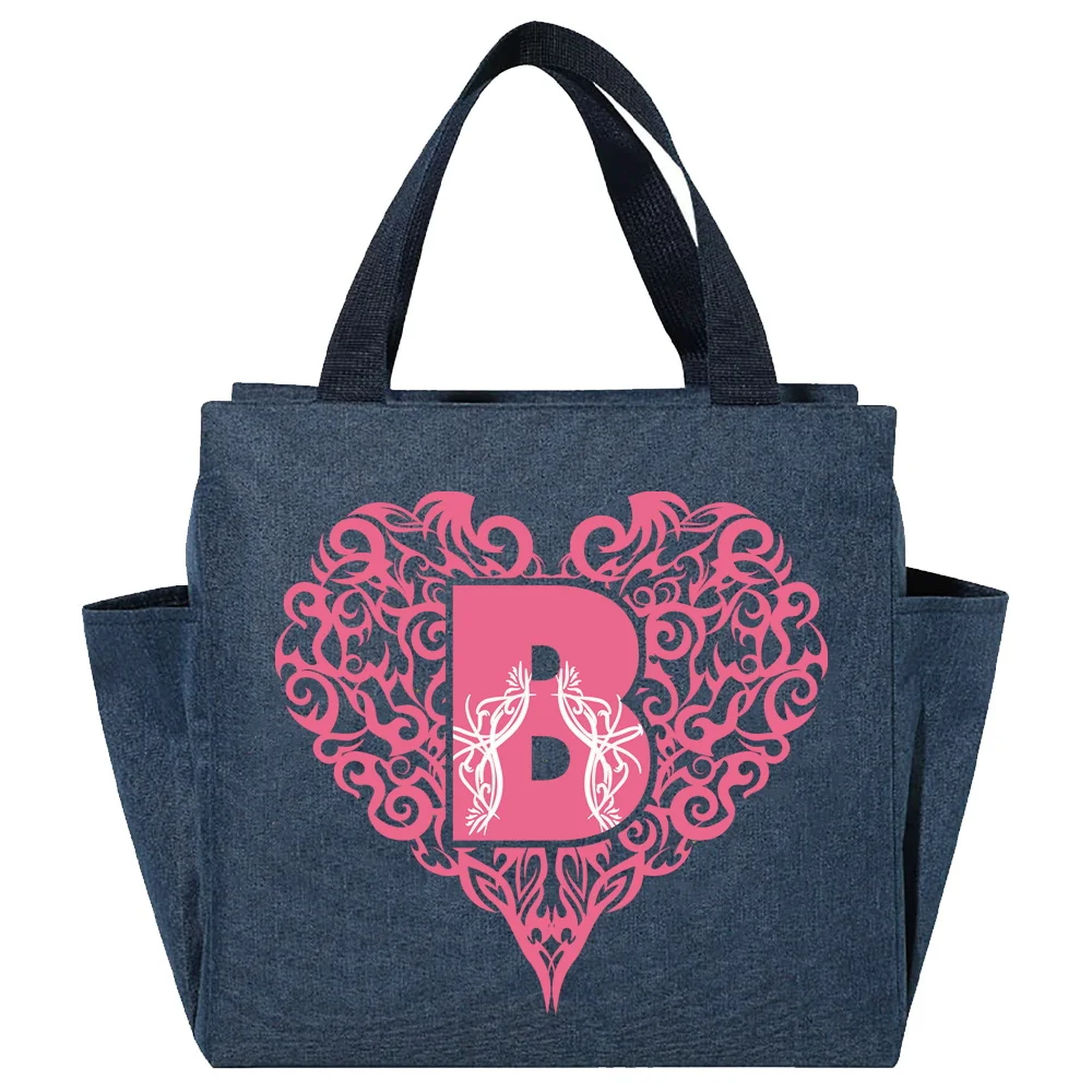 Lunch Bag Aesthetic Thermal Bag Blue Color Pocket Cute Sweet Love Letter Series Printing Tote Food Storage Bag Convenient Kid