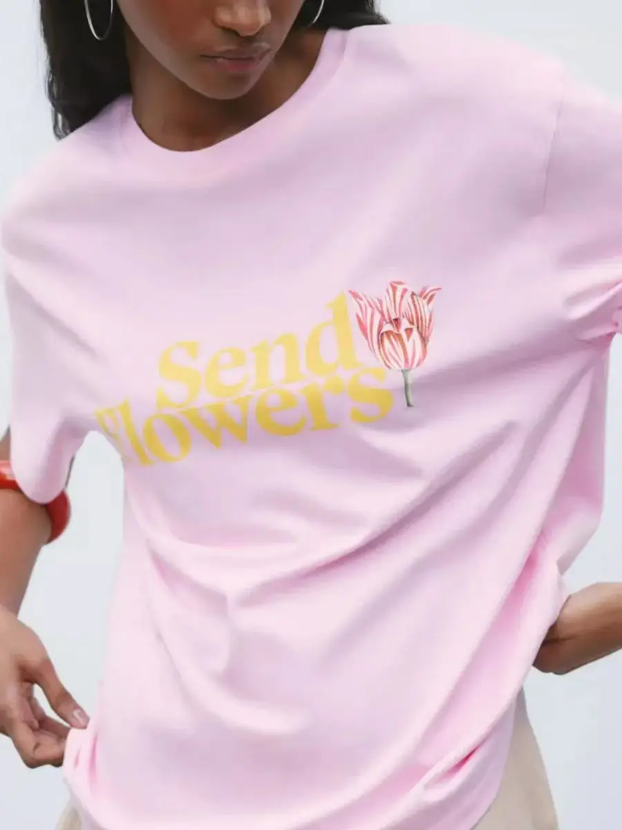 Pink Tulip Flower Back Print 100% Pure Cotton Women's Tshirts Short Sleeve Various Types Flowers T-shirt Young Girls Summer Y2k