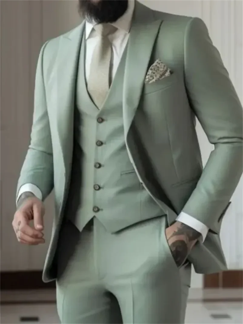 3 Piece Sage Green Men\'s Slim Fit Suits (Jacket+Vest+Pant) Wedding Groom Tuxedos Prom Formal Male Party Blazers  Traje Hombre