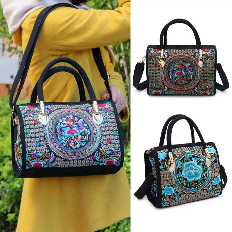 Women Floral Embroidered Handbag Ethnic Boho Canvas Shopping Tote Zipper Bag