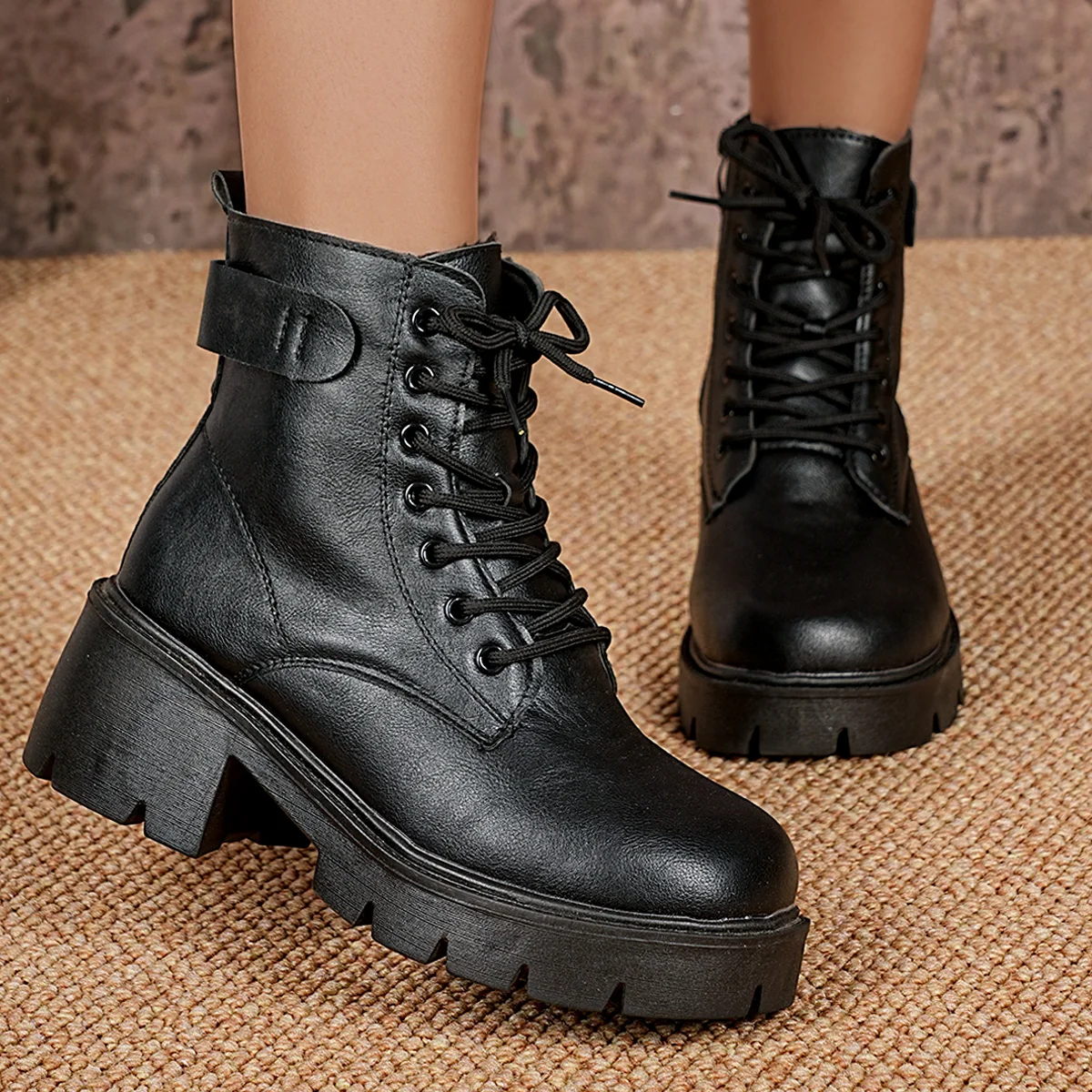 Winter Neue frauen Stiefel Lace Up frauen Mode Starke Ferse Seite Zipper Stiefeletten Warme frauen Motorrad schuhe Große Größe – Detail 2