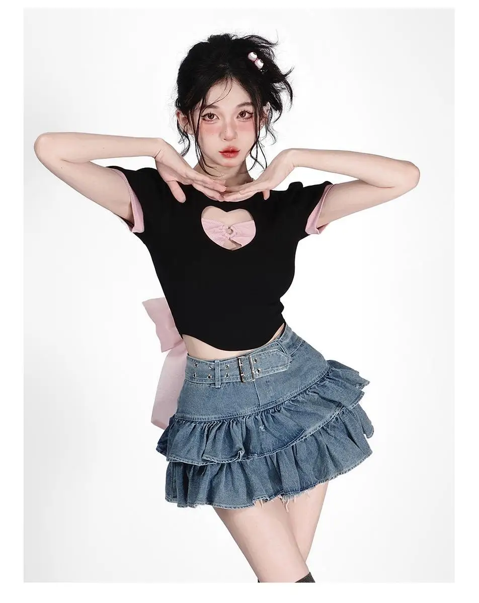 Love Hollow Card Waist Small Shirt Short Sleeved T Shirt Female New Bow Bubble Bubble Sleeve Hot Girl Slim Short Top