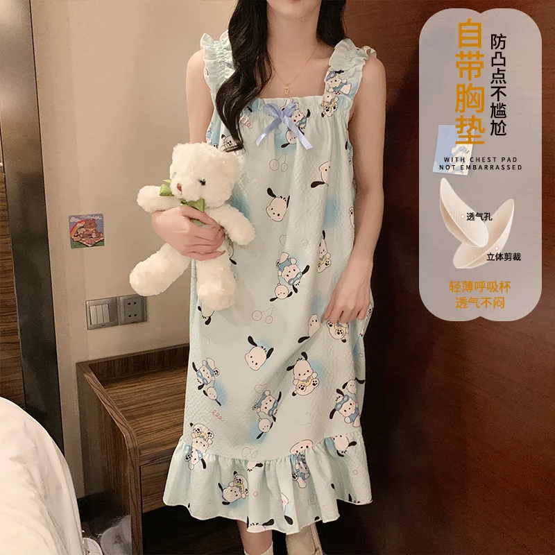 

Sanrio Cartoon Cute Girls Nightgowns Hello Kitty Pajamas Dress Sweet Women Sleepshirts with Chest Pads Sleepwear Summer Homewear