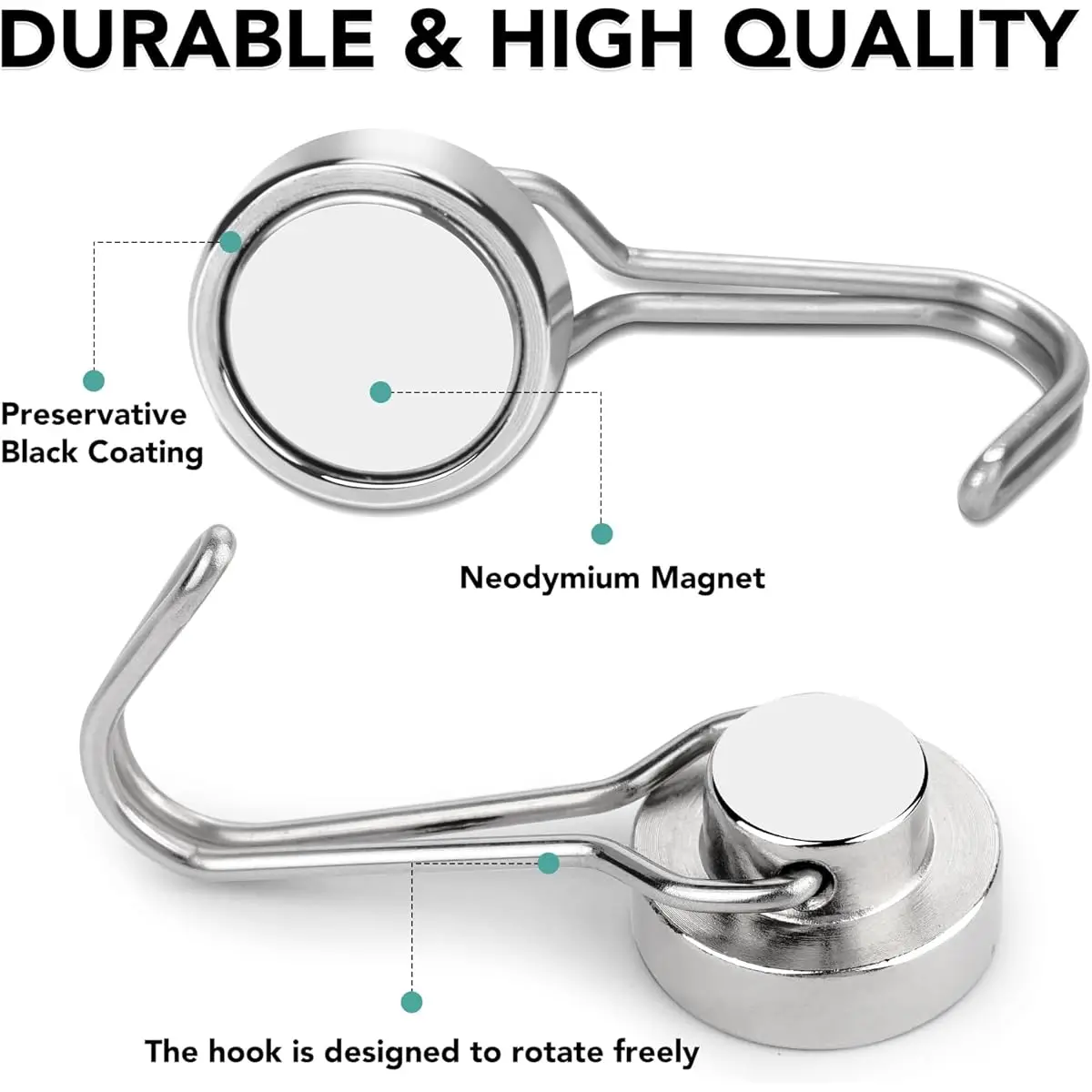 6-Pack Round Neodymium Magnet Hooks Set - Strong Metal Magnetic Hangers for Cruise, Refrigerator, Home, Kitchen, Office, Garage