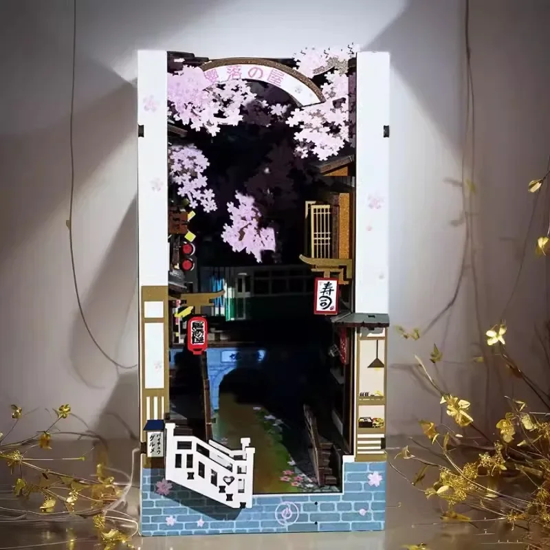 벚꽃 북 엔드 일본 인형 집 장난감 책장 DIY 나무 책 구석 선반 삽입 키트 미니어처 선물 홈 장식 썸네일 4